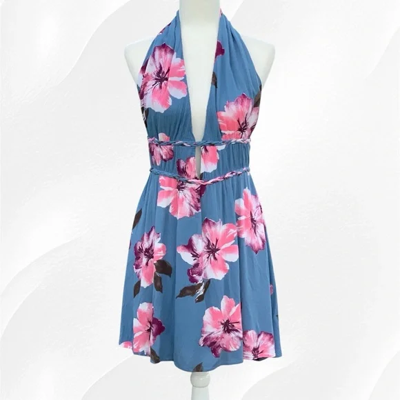 VENUS | Dresses | Venus Backless Blue Pink And Maroon Floral Flowy Crepe Halter  Dress Size